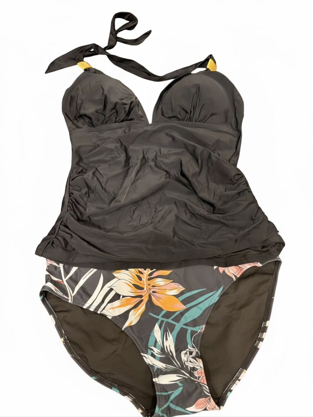 B2prity Tropical Floral Tankini Two Piece Bathing Suit Black Halter Ruched M